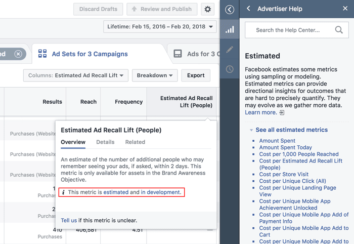 estimated facebook metrics
