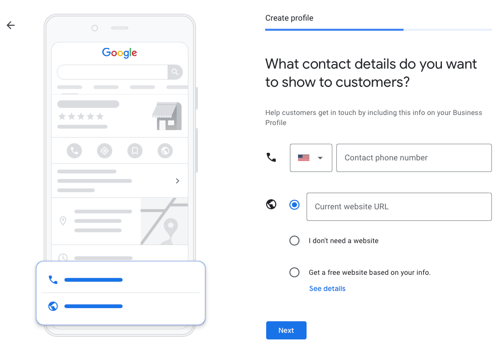 Business phone number and Website URL entry screenshot Google my Business