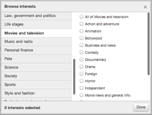 twitter interest targeting categories
